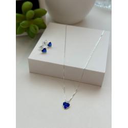 Conjunto Brincos e Colar em Prata 925 Coração Pacific Blue - 45cm