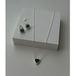 Conjunto Colar e Brincos Coração Verde Esmeralda Cravejados de Zircônias em Prata 925